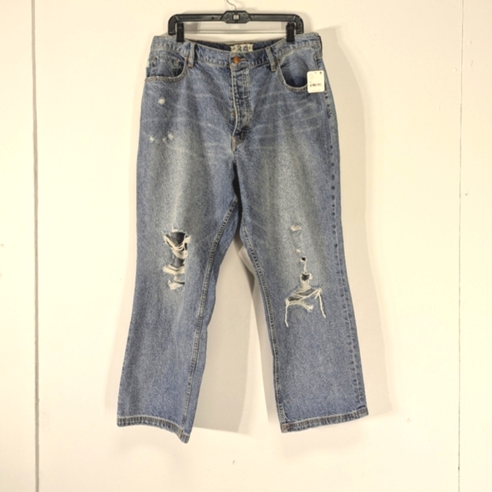 We the Free Wide Leg Straight Button Fly Jeans Distressed Mid Wash 34 Crvy